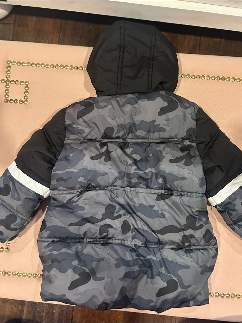Kids Grey Camo Puffer Jacket with Neon Lining
